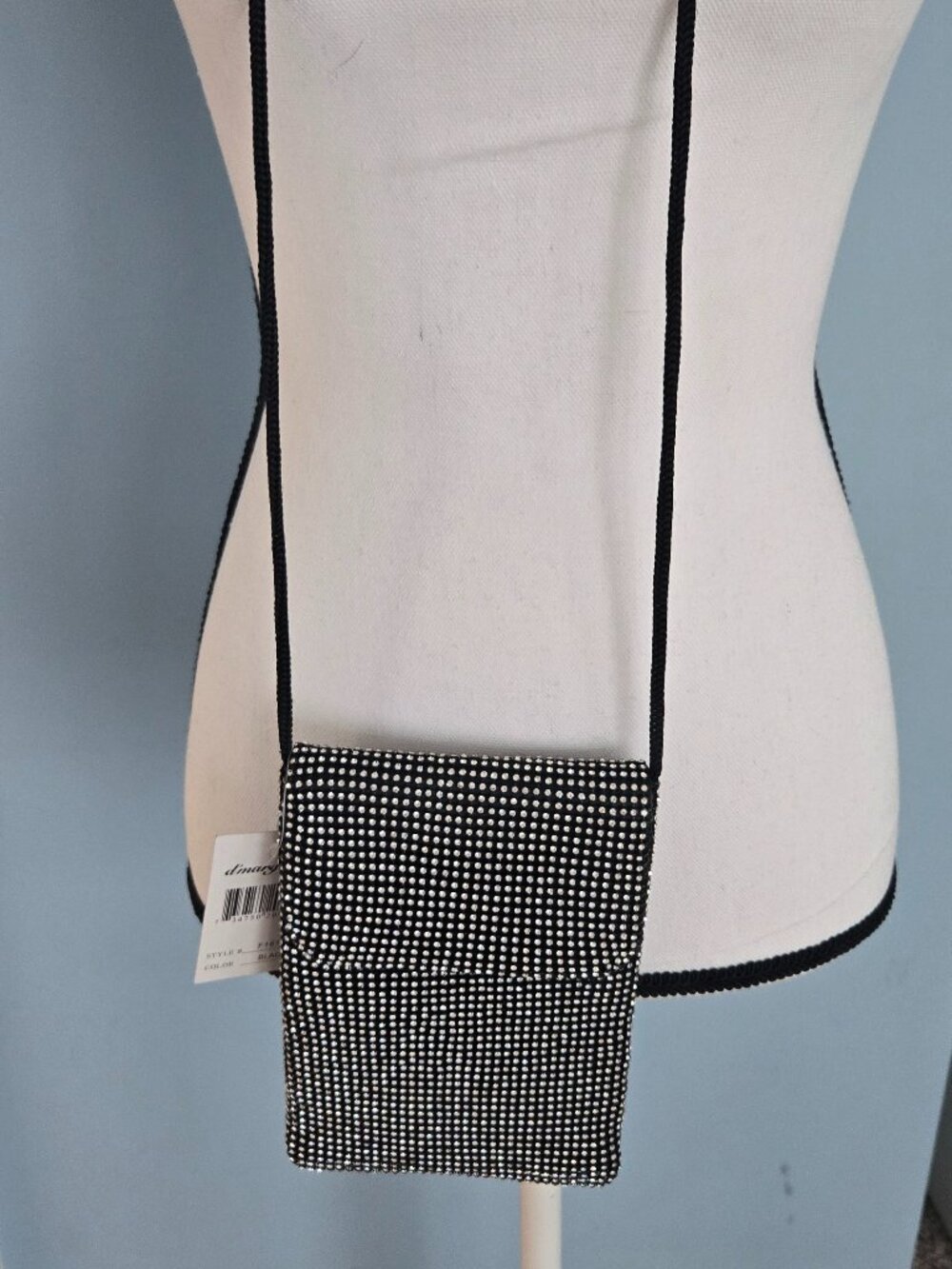 D'margeaux Black Rhinestone Crystal Crossbody Phone Bag Silver Tone Chain Strap
